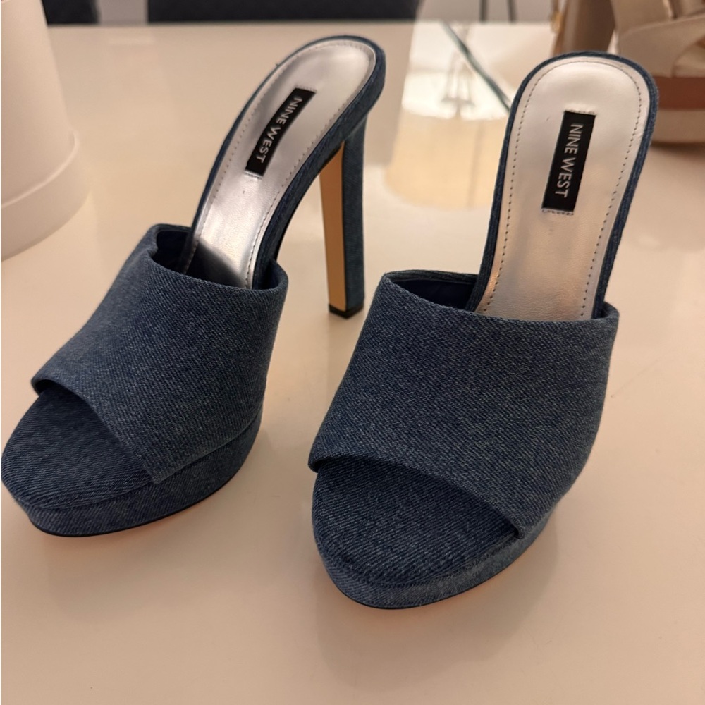 Nine West Blue Denim Open-Toe Platform Mule Heels